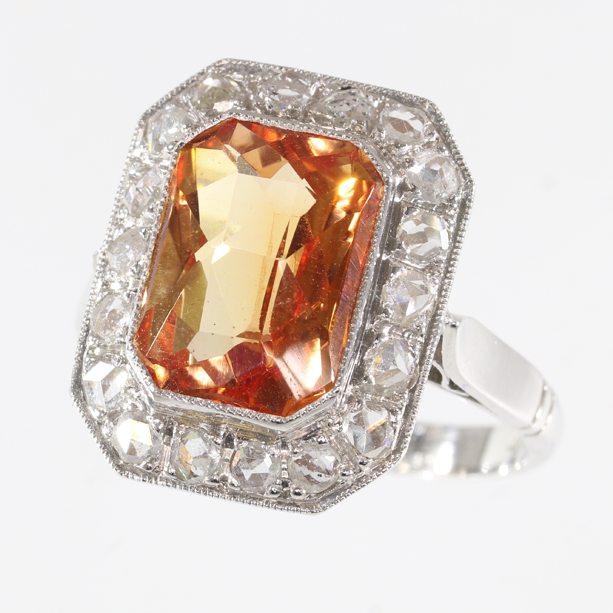 Estate rose cut diamonds ring with Verneuil padparadscha sapphire